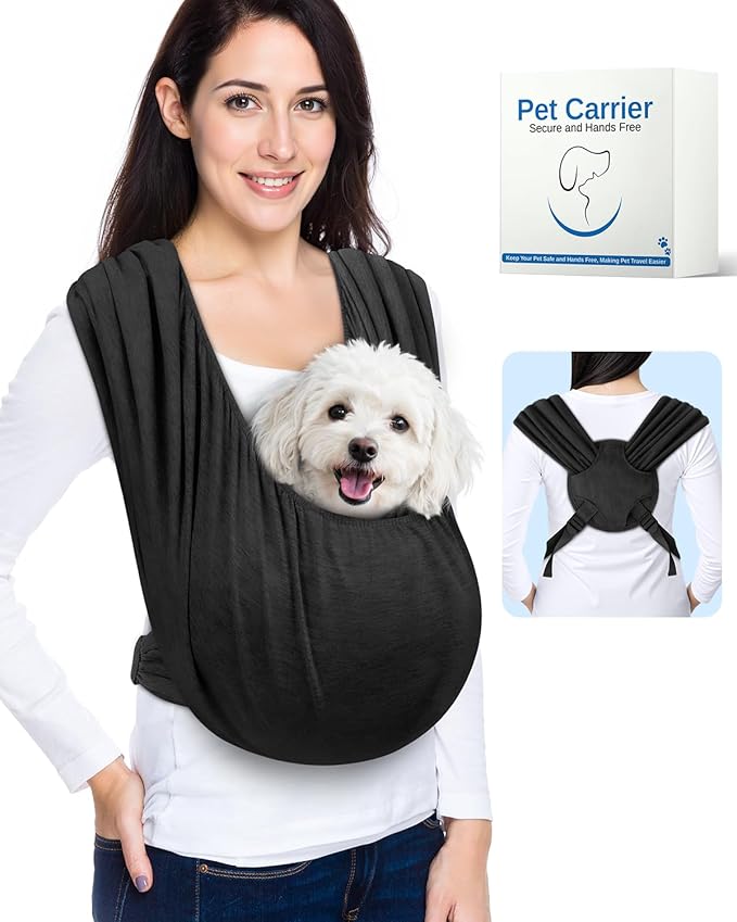 Dog Sling Carrier for Small Dogs, Front Pet Sling Carrier Chest, Adjustable Reducing Back Stress Cat Sling for Small Pet up to 20lbs, Hands Free Puppy Sling for Travel or Everyday Use (Black)