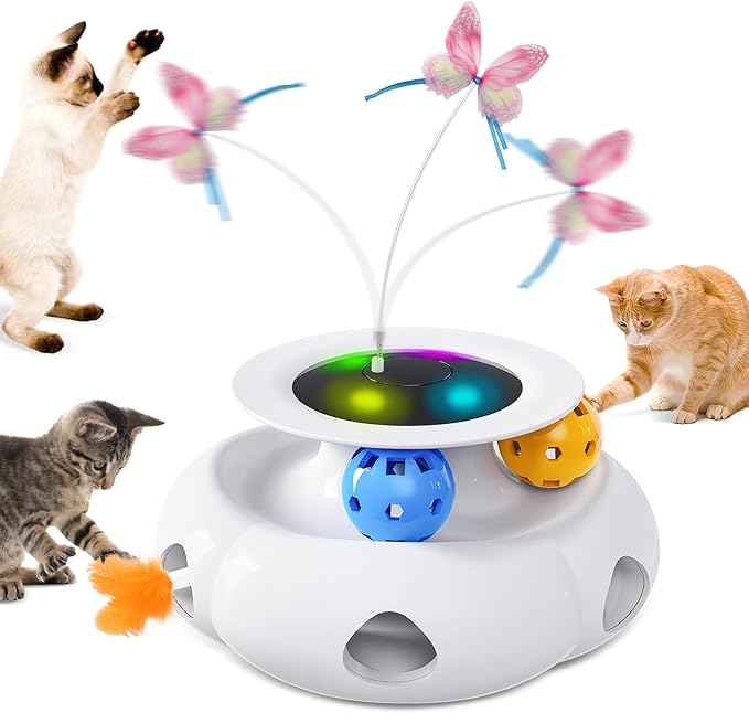 Cat Toys 3in1 Interactive Moving Ambush Feather, Spinning Butterfly, Track Balls, USB Rechargeable Automatic Activated Kitten Toys for Indoor Cats, Cat Feather Toy for All Breeds