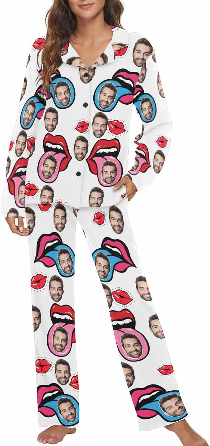 MyPupSocks Custom Face Pajamas for Women Set, Personalized Photo Long Sleepwear XS-XXL