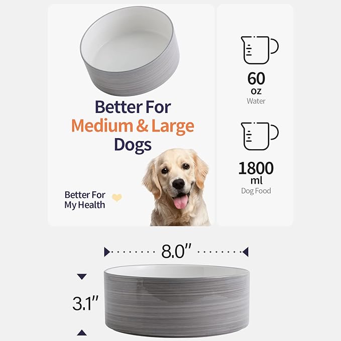 Dog Bowl Ceramic for Medium Large Breeds, Heavy Weighted Dog Food Water Feeder Dish, Non - Slip Modern Cute Extra Big Porcelain 8 in Pet Dog Bowl Maze Grey White