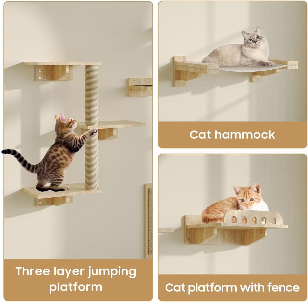 Cat Wall Shelves, Set of 6 Wooden Cat Wall Furniture Includes Scratching Post with 3 Steps, Jumping Platform, Hammock and Scratcher Board for Kittens