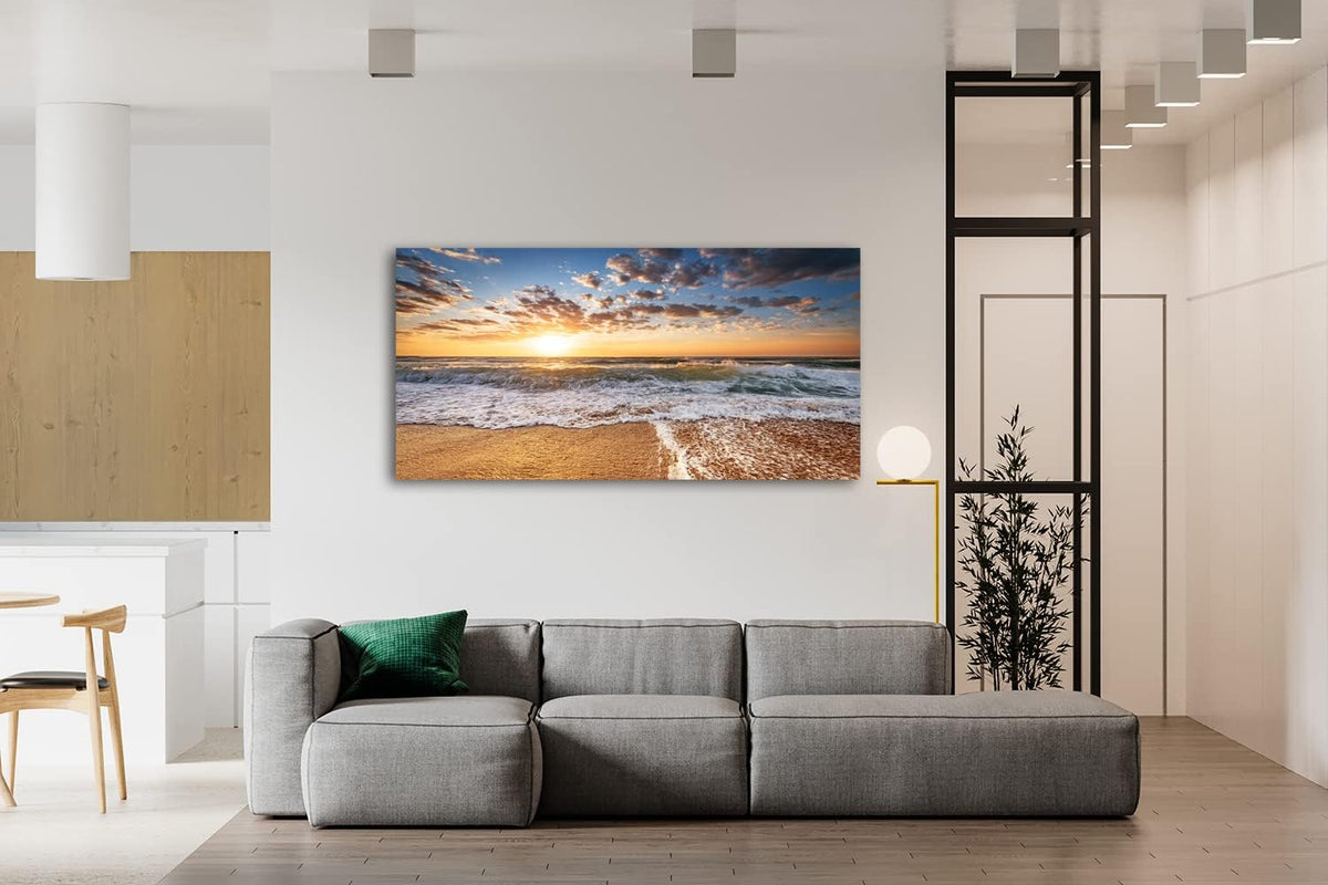 Jiuqinghua Wall Art Decor Large Canvas Print Picture Sunrise over the Sea 1 Panel Ocean Beach Waves Scenery Painting Artwork for Office Wall Decor Home Decoration Stretched and Framed Ready to Hang