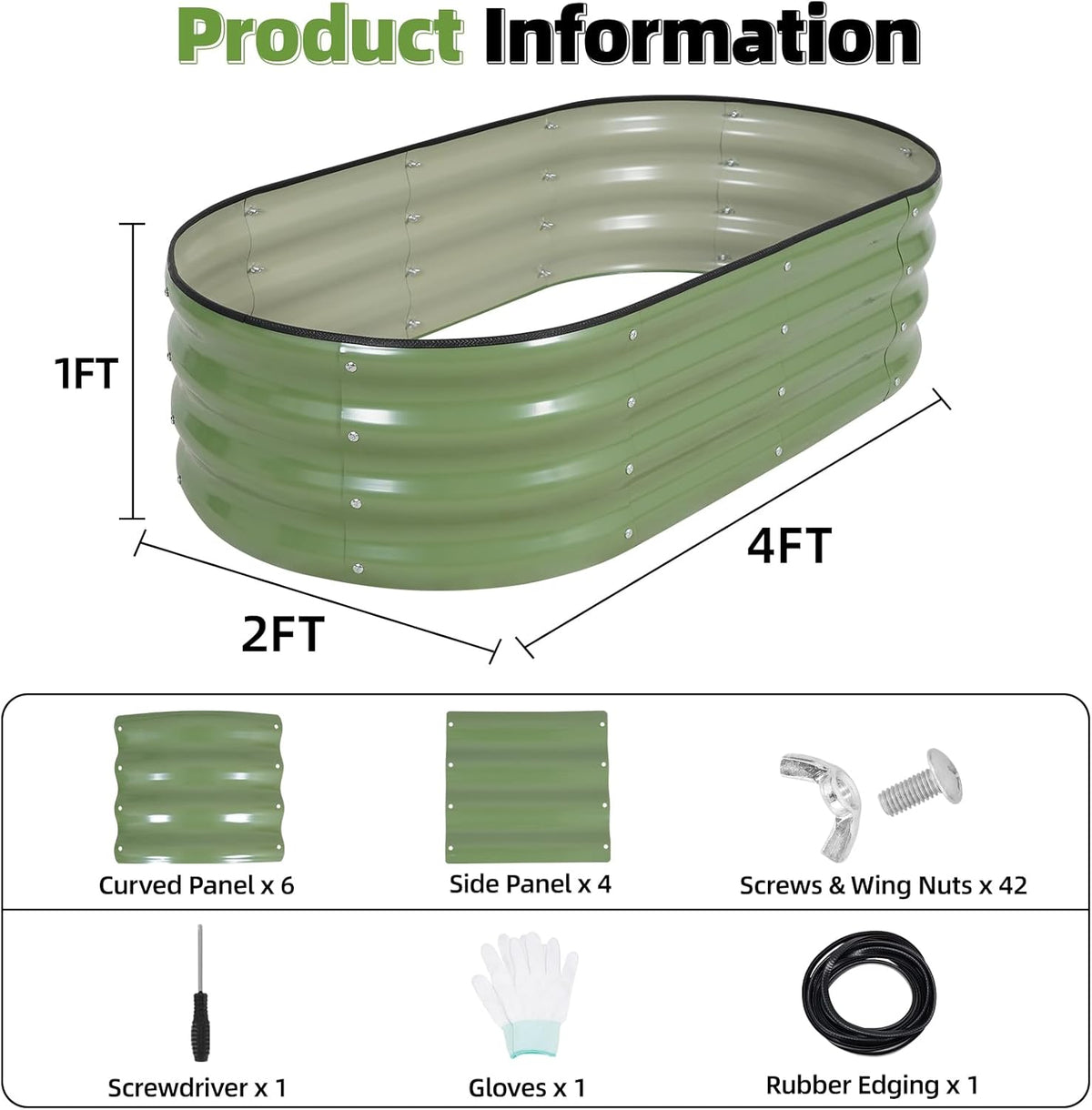 G GOOD GAIN Galvanized Metal Raised Garden Bed Kit - 4x2x1FT Outdoor Planter Box with Safety Edging and Gloves for Vegetables, Fruits, Flowers(Oliver Green, 2PC)