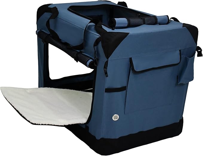 EliteField 4-Door Folding Soft Dog Crate with Curtains, Carrying Bag and Fleece Bed (2 Year Warranty), Indoor & Outdoor Pet Home (24" L x 18" W x 21" H, Blue Gray+4 Door Curtains)
