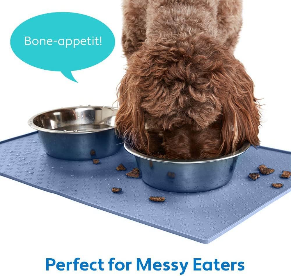 MIGHTY MONKEY 100% Waterproof Dog Food Mat, Raised Edges Silicone Pet Feeding Placemat for Cat, Dogs, Pet Bowls, High Lipped Tray Prevents Water Spills, Food on Floor, Dishwasher Safe, 24x16, Lt Blue