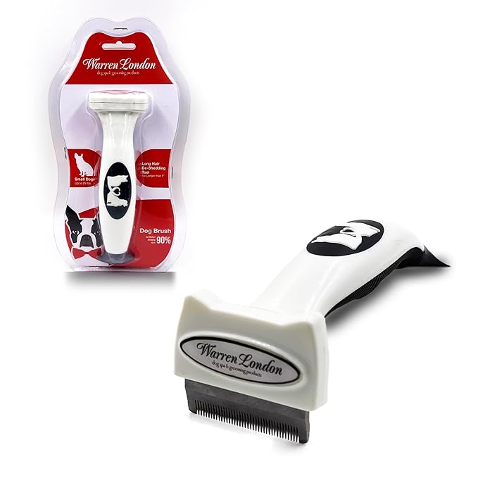 Warren London Deshedding Brush for Dogs – Small Long-Hair | Stainless-Steel Undercoat Rake Reduces Shedding Up to 95% | Gentle Skin-Safe Comb, Quick-Clean Release, Non-Slip Ergonomic Grip