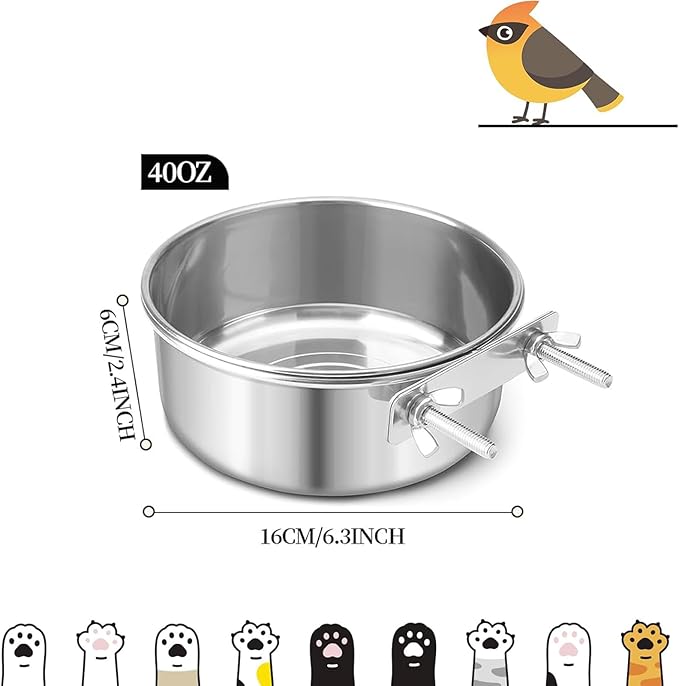 Bird Cage Feeder, Bird Feeder for Cage, 40oz Stainless Steel Food Water Bowl with Clamp, Clip-On Cage Coop Cup for Parrot Hamster Rabbit Rat Small Animals