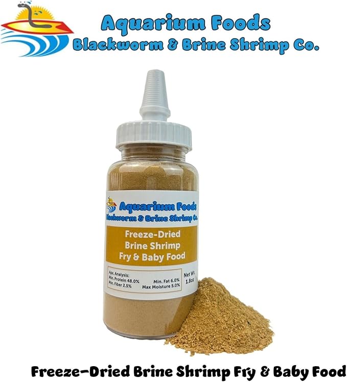 Aquatic Foods Inc. Brine Shrimp Powder-Small Bits Fry & Baby Food, for Freshwater Fish, Marines, Baby Pond Fish, Corals, Anemones, All Tiny Nanos, Fry and Babies…1.8oz Med Squeeze Bottle