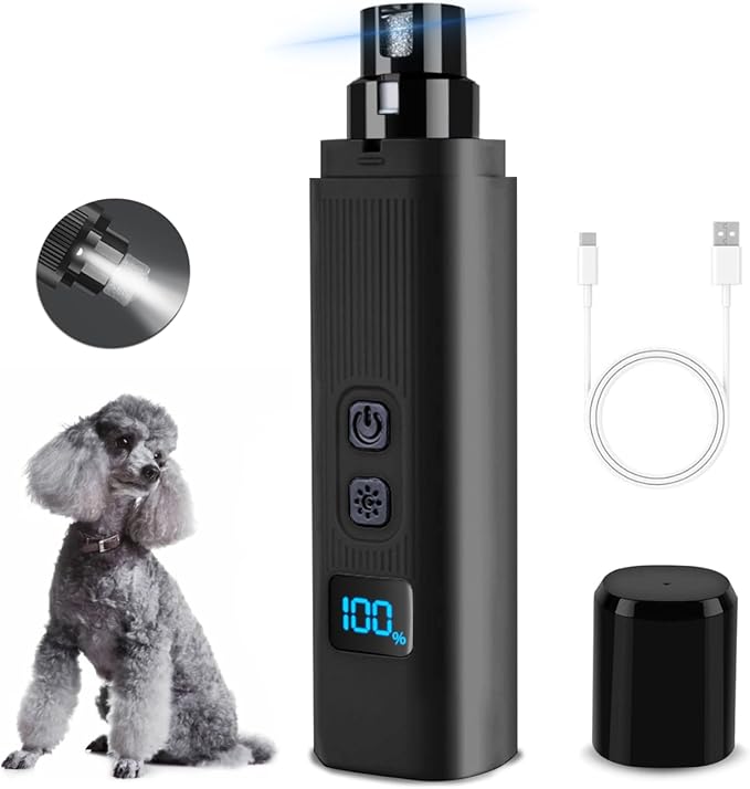 Dog Nail Grinder - 2 Speed Super Quiet and Low Vibration Electric Pet Nail Grinder - Rechargeable Dog Nail Trimmers for Small Dogs- Cat Nail Claw Clippers with 2 Level LED Lighting（Black）