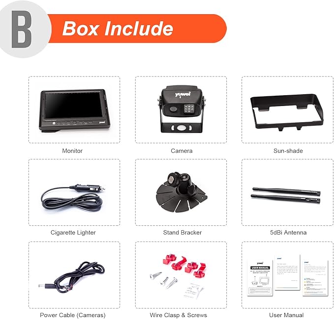 Yuwei Digital Wireless Backup Camera System Kit, AHD1080P, Wireless Rear View Camera and 7'' LCD Wireless Reversing Monitor for Trailer, RV, Bus, Trucks, Horse-Trailer, School Bus, Farm Machine,etc