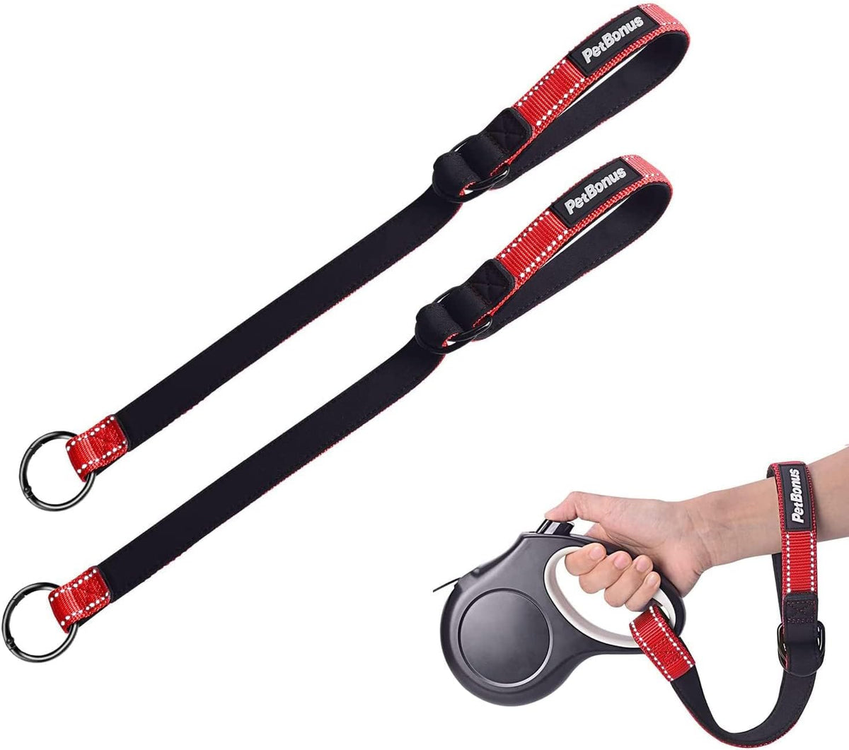 PetBonus 2 Packs Short Dog Leash, Safety Wrist Strap for Retractable Dog Leash, Reflective Design and Adjustable Soft Padded Handle, Extra Layer Security for Pet Stroller (Red, Red)
