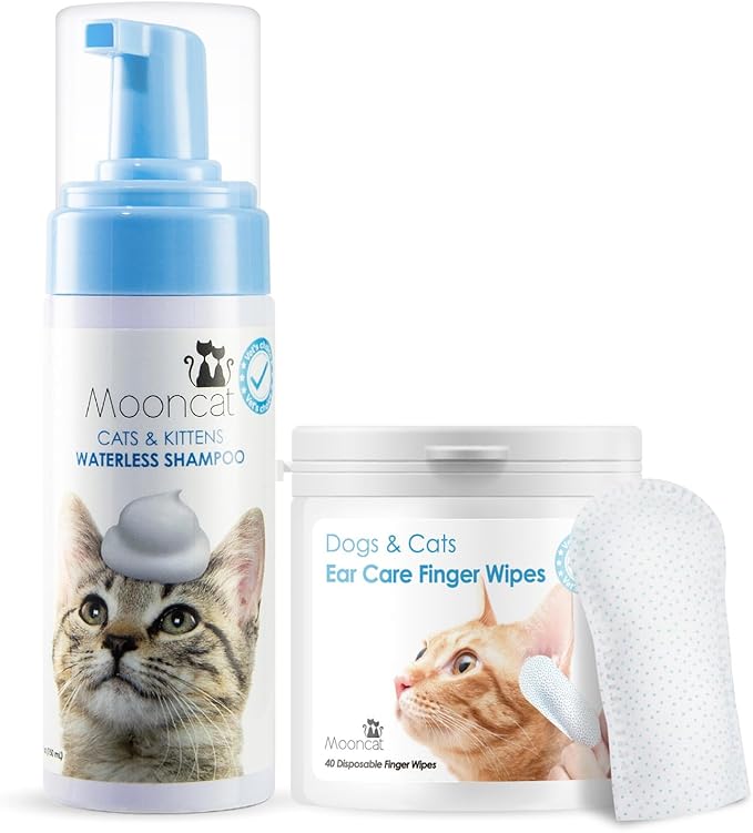 Mooncat Waterless Cat Grooming Bundle – No Rinse Foam Shampoo (5oz) + Cat Ear Cleaning Finger Wipes (40ct) | Licking Safe, pH Balanced, Dry Bath for Sensitive Cats, Removes Ear Wax & Dirt, Daily Pet H