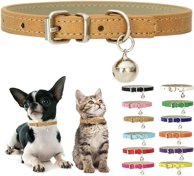 Khaki XXS Dog Collar with Bell, Soft Pu Leather Cat Collars Adjustable Buckle for XS Extra Small Medium Tiny Female Male Boys Girls Pets Puppy Kitten Teacup Yorkie XX-Small