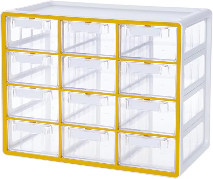 Blue Ginkgo Large 12-Drawer Cabinet – Stackable Clear Organizer for Hardware, Beads, Plastic Bricks, Office, and Craft Storage (Made in Korea, Yellow)