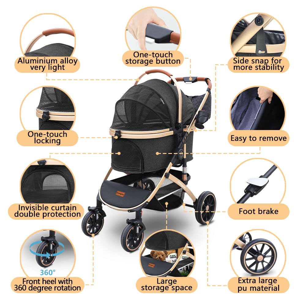 Pettingzoo Dog stroller with 4 Wheels, Folding Cat Stroller for Small/Medium/Large dogs & cats to 60 lbs, pet stroller with removable carrier, Storage Basket,Cup Holder,3 in1 Multifunctiona Detachable