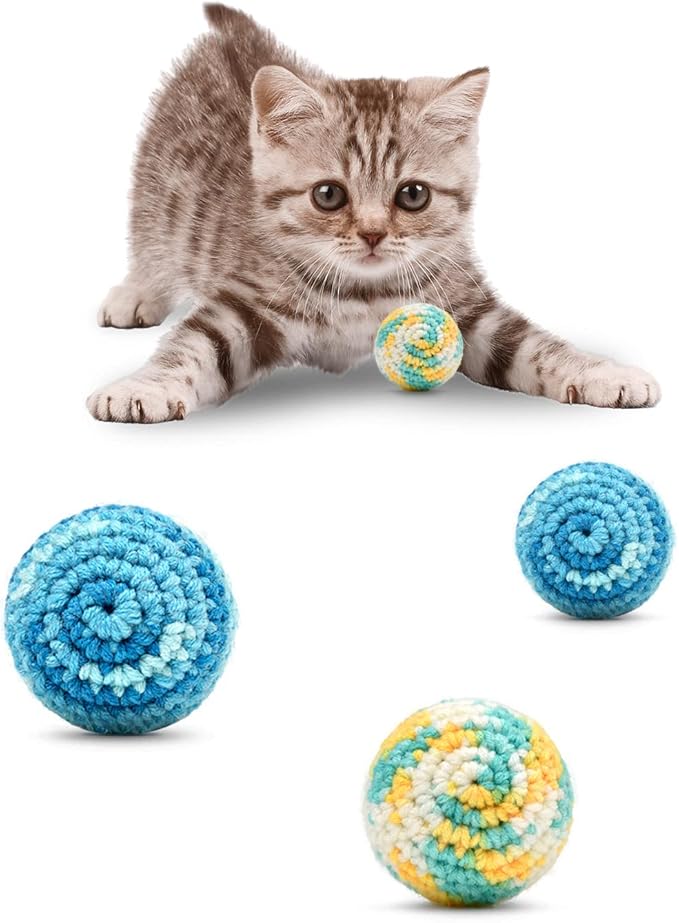 TUSATIY 4PCS Cat Pom Pom Balls,Hand Knitted Rainbow Toys Balls with Bells,Colorful Cat Chew Toys for Indoor Kittens