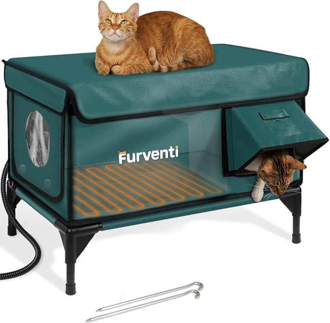 Outdoor Heated Cat House in Winter,Extremely Insulated & Weatherproof,Elevated Feral Cat Shelter with Waterproof Eaves & Escape Door for Outside Stray Barn Cat (Dark Green, XL)