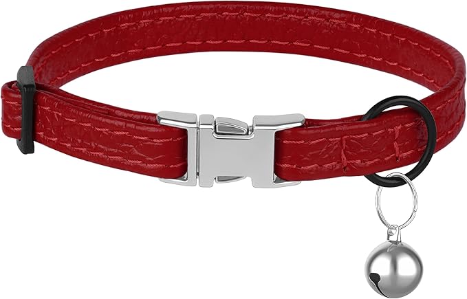 Leather Cat Collar with Buckle and Removable Bell - Non Breakaway Adjustable Soft Safety Small Pet Collars for Girl Boy Cats Kitten (Red)