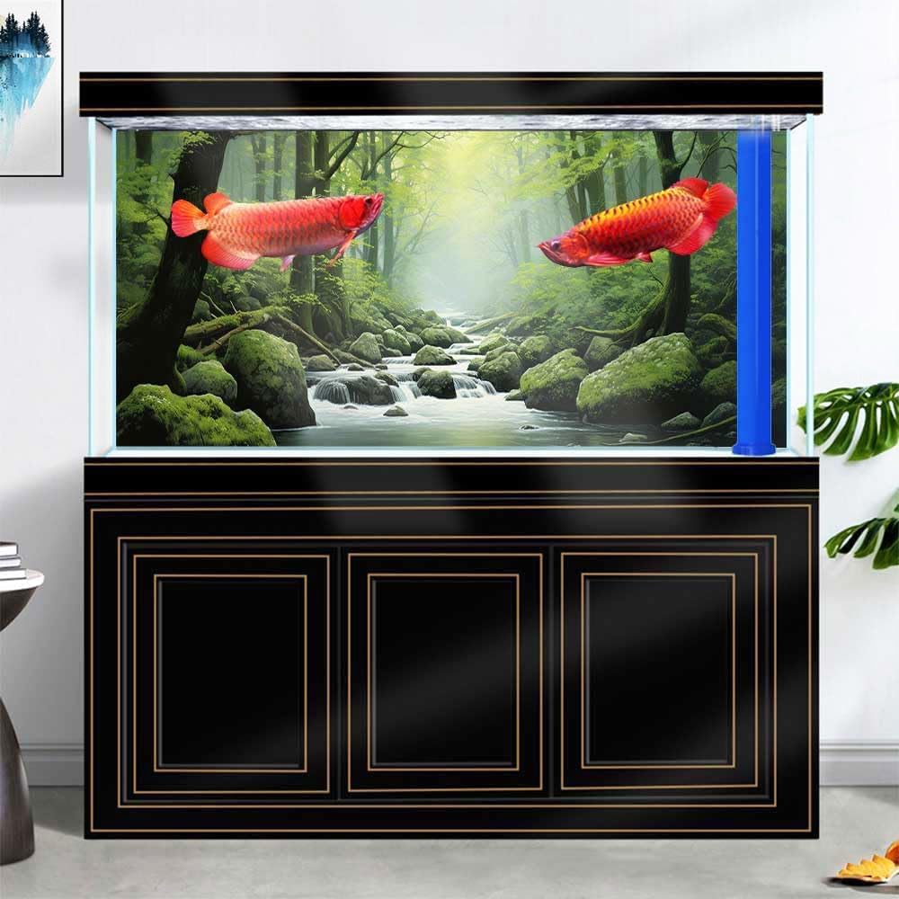72X16IN Tropical Forest Terrarium Background, Natural Green Forest Tree Reptile Habitat Background, Misty Rainforest Aquarium Background, with 8 EVA Double-Sided Tape