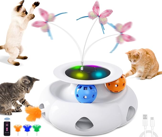 3in1 Interactive Cat Toys Moving Ambush Feather, Spinning Butterfly, Track Balls, Rechargeable Automatic Activated Kitten Toys for Indoor Cats, Cat Feather Toy for All Breeds