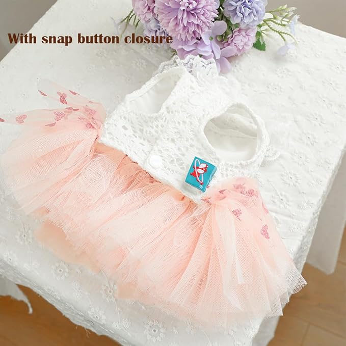 Dog Princess Dress with Heart Patterns & Bow Puppy Clothes for Small Dogs Girl Fancy Cat Birthday Outfit Pet Wedding Dresses (Pink White, Small)