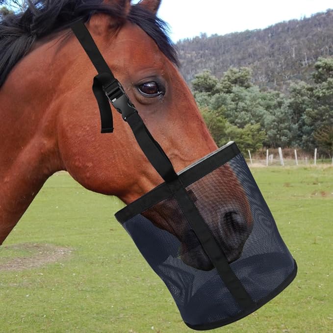 Heavy-Duty Horse Feed Bags - with Adjustable Strap, Comfort Neck & Nose Pads, and Double Waterproof Bottom Mesh (2-Pack) (Blue x2)