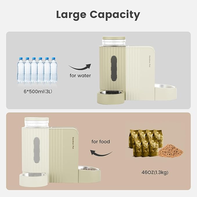 Gardner Pet Gravity Automatic 2-in-1 Pet Feeder, 0.8 Gallons*2 Cat Feeder and Water Dispenser Set, 100% BPA-Free Feeder and Stainless Steel Water Dispenser for Dogs, Cats, Rabbits, Puppies (Beige)