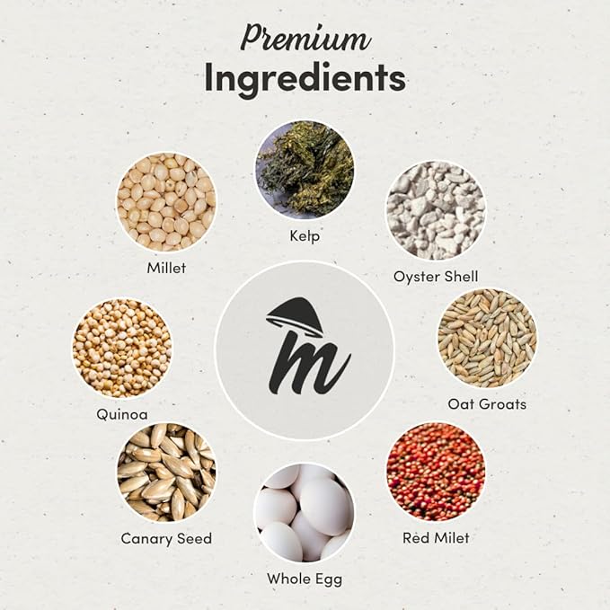 Mycelium Pet Bird Cuisine | Organic Bird Seed for Parakeets, Lovebirds & Small Pet Birds | Vitamin-Enriched Mix with Egg, Millet, Quinoa, Kelp, Oyster Shell | Supports Digestion & Immunity | 5 lb Bag