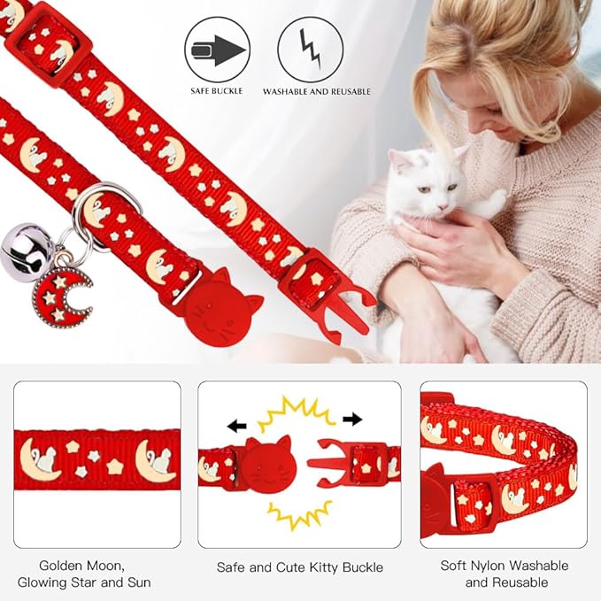 2Pcs Breakaway Cats Collars Cat Collars for Boy & Girl Cats Adjustable Kitten Collars with Bell,Purple+Scarlet,8"-13.1"