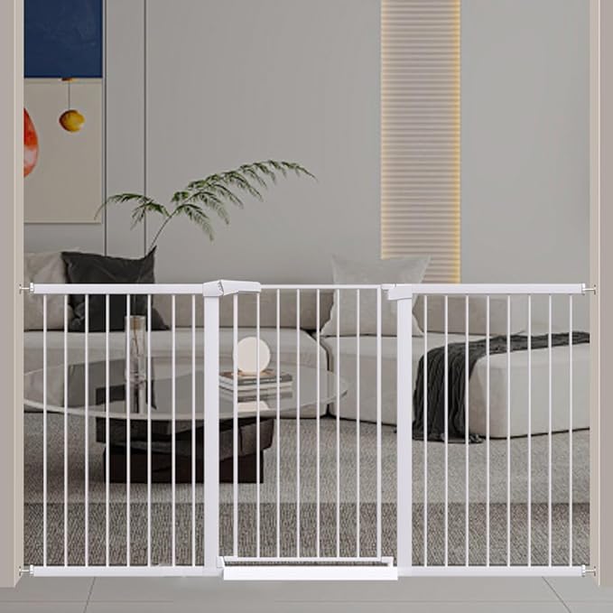 Fairy Baby 38" Extra Tall Pet Gate for Stairs,70.9"-76.3" Extra Wide Long Dog Gate for The House, Metal Auto Close Pressure Mounted Safety Child Gate, Tension Baby Gate Fence Barrier No Climb, White