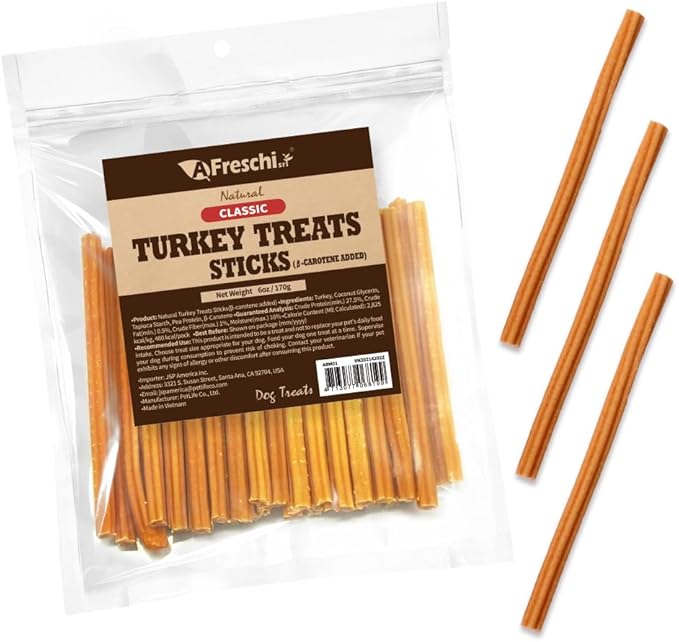 Afreschi Turkey β-Carotene Stick Dog Treats – 6 oz, USA-Sourced Trukey, All-Natural, Hypoallergenic, Low-Fat, Healthy & Easily Digestible, Puppy & Training Snack
