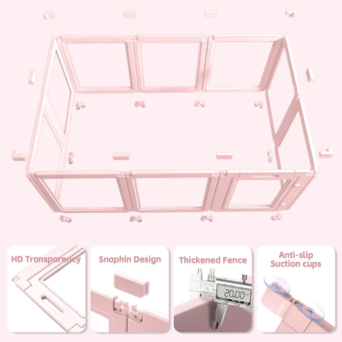 DIY Clear Acrylic Dog Playpen House,Quick Easy Assembly and Disassembly,Strong Floor Suction,Indoor and Outdoor Use,Easy Cleansing Puppy Fence (Skin Pink, 23.6" H, 12PCS)