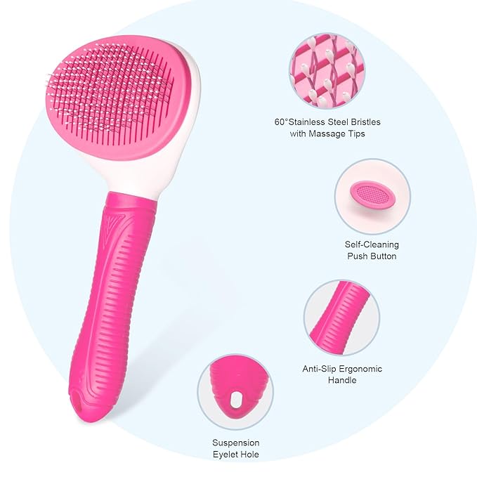 Self Cleaning Slicker Brush for Pet Grooming - Removes Loose Undercoat and Sheds, Suitable for Long and Short Hair Cats and Dogs, with Massaging Bristles (Pink)