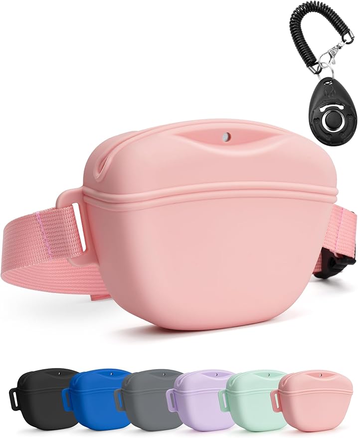 Dog Treat Pouch with Training Clicker, Upgrade Stronger Magnetic Closure to Avoid Spilling, 1.67 Cup Silicone Treat Bag Fanny Pack with Waist Belt for Pet Training Walking (Pink)