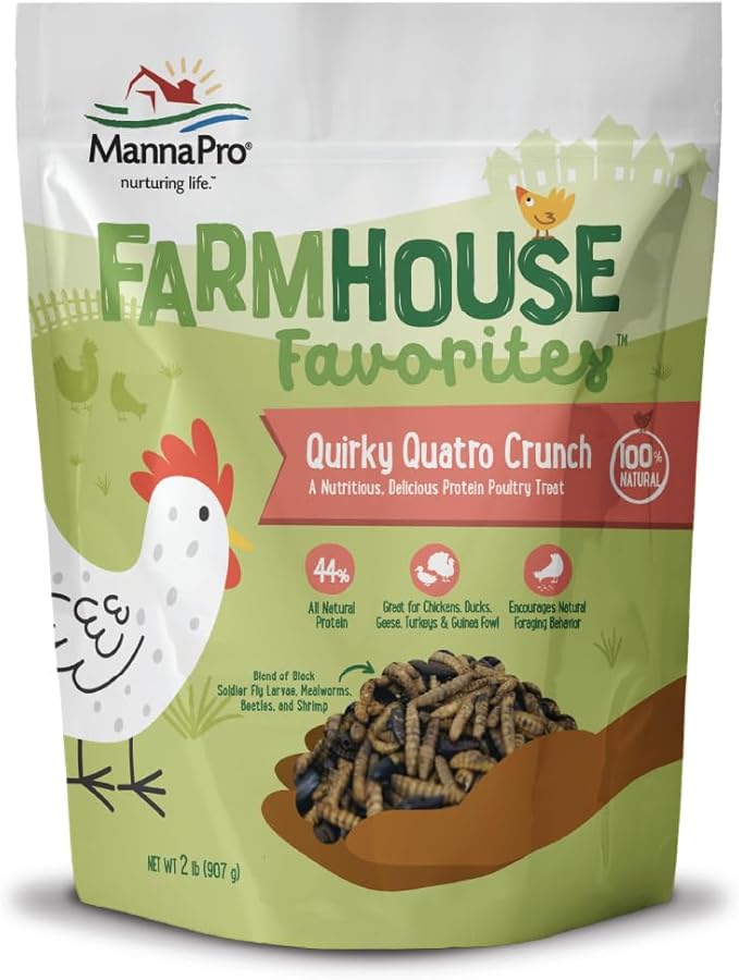 Manna Pro Farmhouse Favorites Quirky Quatro Crunch – 100% Natural Protein Treat for Mixed Flocks – Blend of Black Solider Fly Larvae, Mealworms, Beetles & Shrimp – 2lb