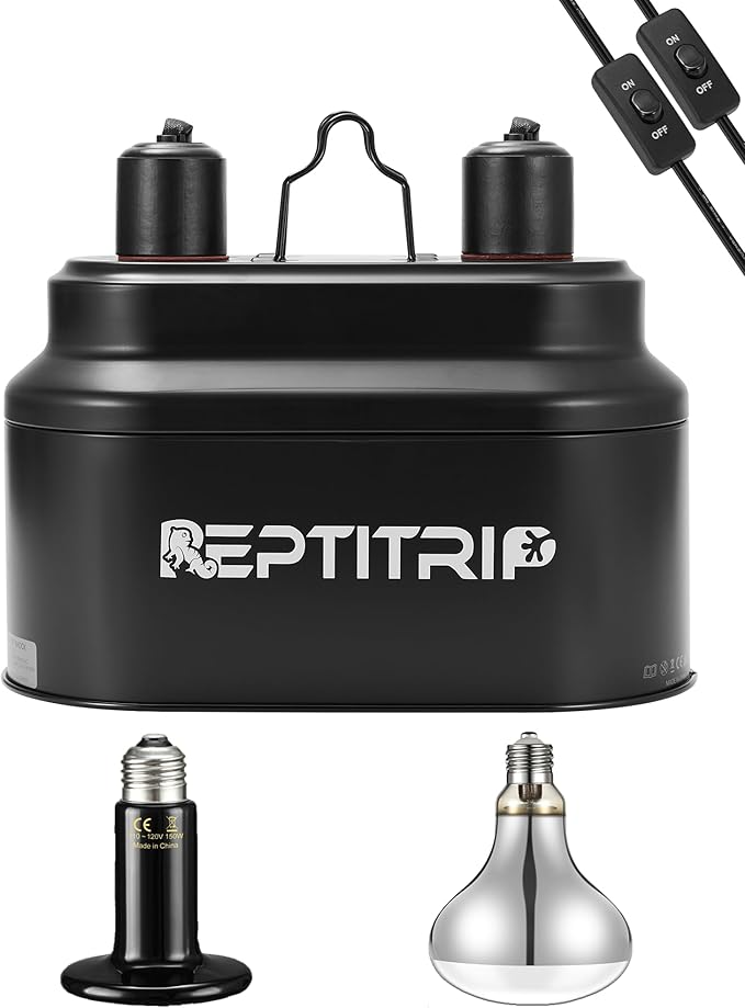 Dual Reptile Light Fixture with 100W Full Spectrum UVA UVB Light Bulb & 100W Nighttime Ceramic Heat Emitter, 2 Independent Switches, Reptile UVA UVB Light Combo Pack