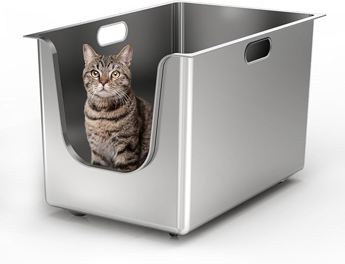 Stainless Steel Litter Box 13.7'' High Sides, XL Metal Cat Litter Box with Curved Low Entry, Cat Litter Pan for Big & Multiple Cats, Pet Toliet with Handy Wheels for Easy Moving