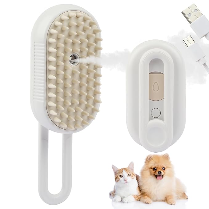 6 in 1 Cat Steam Brush for Shedding, Portable Anti-Static Grooming Comb for Cats & Dogs, Steam Misting Water Brush, Self-Cleaning Pet Hair Remover, Indoor Cat Spray Brushes for Cats & Dogs