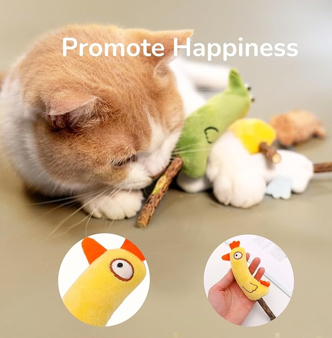 4-Piece Catnip Toys with Valerian Stick Catnip Toys with Various Cute Animal Styles, Plush Cat Toys for Indoor Cats, Cat Chew Toys Kitten Toys