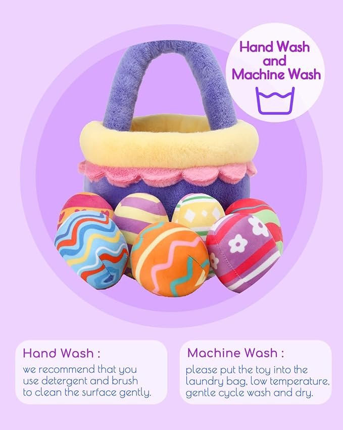 8 Piece Plush Stuffed Playset Toys with 7 Eggs, 1 Furry Bag, Soft Basket Set Sensory Toys for Girls Kids Ages 3+, Birthday Christmas Valentines Easter Party Favors Gifts