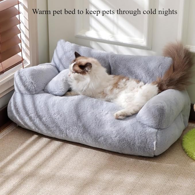 Soft Fluffy Self-Warming Cat Bed | Washable Pet Sofa for Indoor Cats & Small Dogs | Cute Princess-Inspired Kitten Couch & Puppy Bed(Gray,25.59''*18.11''*11.81'')