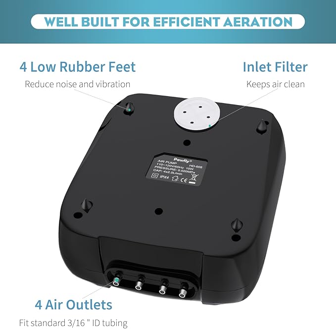Pawfly Aquarium Air Pump Oxygen Pump for 10-200 Gallon Fish Tanks Buckets Dual Outlet Adjustable Ultra Quiet Aerator Pump with Accessories