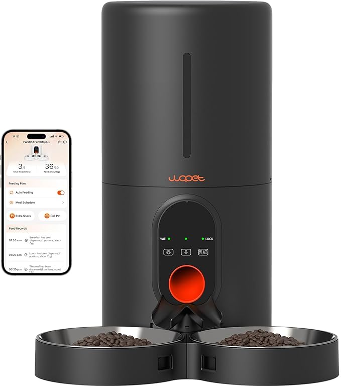 WOPET Automatic Cat Feeder, 5G WiFi Pet Feeder for Two Cats or Dogs with Remote Control, 6L Cat Food Dispenser with Low Food Sensor, 1-10 Meals Per Day, Up to 10s Meal Call for Pets