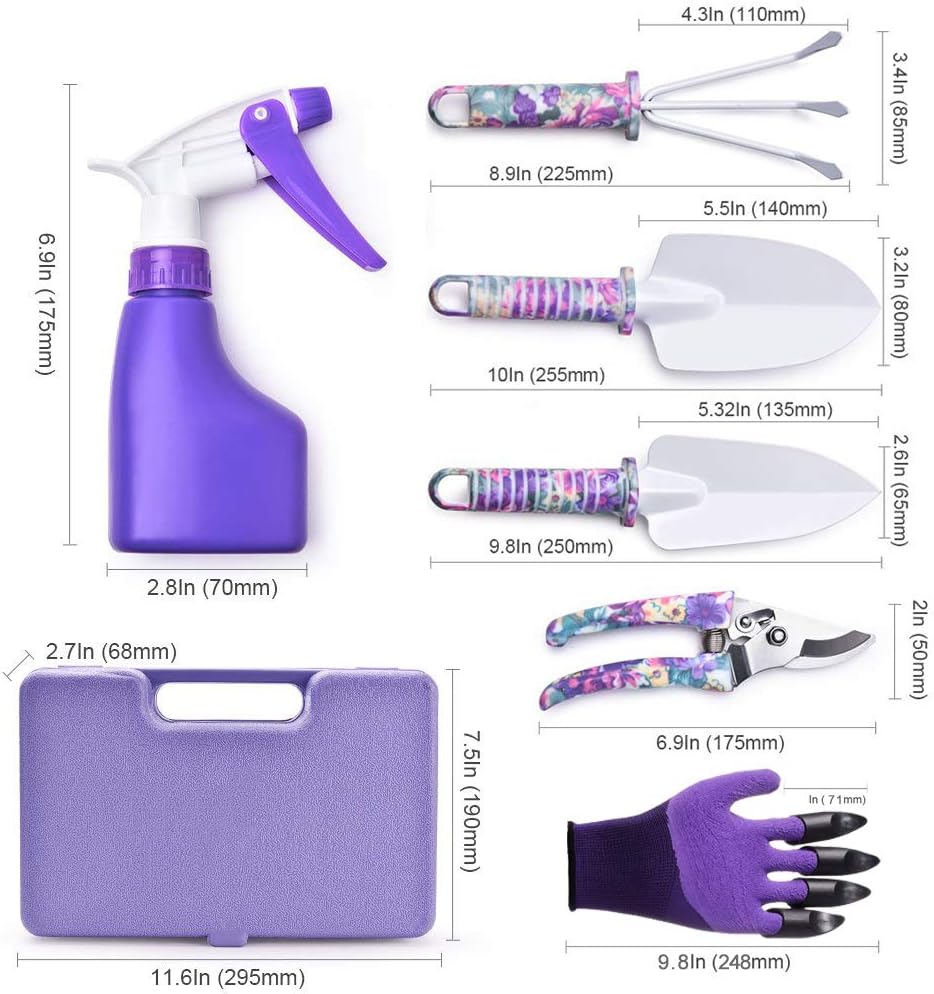 6 Pieces Garden Tools Set Planting Tools, Non-Slip Handle with Anti-Rust Trowel, Cultivator, Pruning Shear, Water Sprayer and Carrying Case, Gloves with Claws