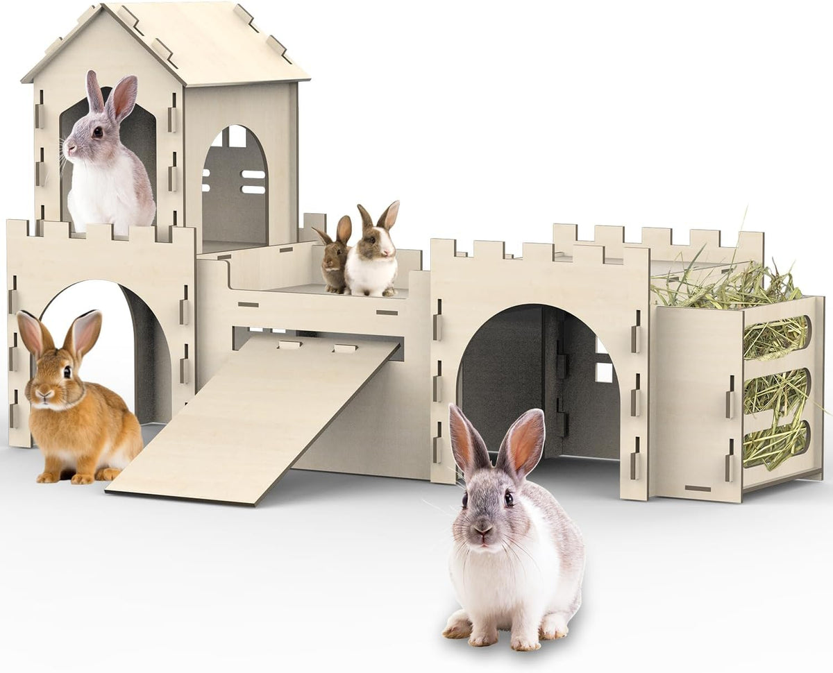 Large Bunny House and Hideouts, Wooden Dual-Layer Rabbit Castle with Stair, Rubber Band-Free Setup - chew-Proof, Sturdy Habitat for Guinea Pig Chinchilla Ferret (Rabbit House with Hay Feeder)