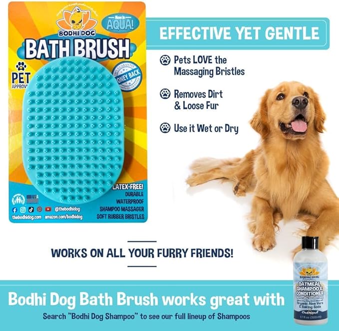 Bodhi Dog Shampoo Brush - Pet Grooming & Bath Supplies for Dogs and Cats - Bath Brush for Long & Short Hair - Premium Scrubber for Shower, Bathing & Massage (One Pack, Aqua)