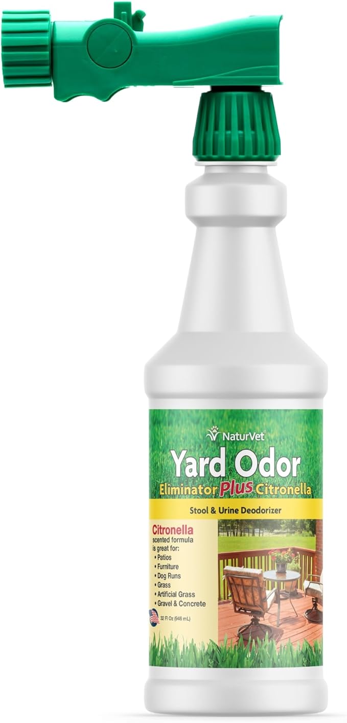 NaturVet – Yard Odor Eliminator Plus Citronella Spray – Eliminate Stool and Urine Odors from Lawn and Yard – Designed for Use on Grass, Patios, Gravel, Concrete & More – 32oz with Hose Nozzle