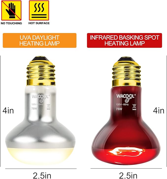 WACOOL 2Pack 75W Reptile Heat Lamp Day & Night Kit, Nature Simulated Basking Daylight & Nightlight Heat Lamp Bulbs for Reptiles & Amphibians, UVA Heat Lamp for Bearded Dragon Gecko Turtle Lizard