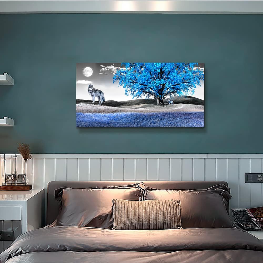 Canvas Wall Art For Living Room Family Wall Decor For Bedroom Modern Office Decorations Blue Tree Wall Pictures Artwork Black And White Scenery Paintings Room Canvas Art Prints Home Decor 20" X 40"