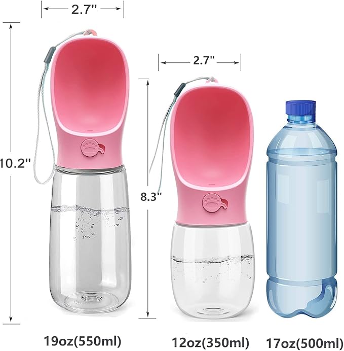 Kalimdor Dog Water Bottle, Leak Proof Portable Puppy Water Dispenser with Drinking Feeder for Pets Outdoor Walking, Hiking, Travel, Food Grade Plastic (12oz Pink)